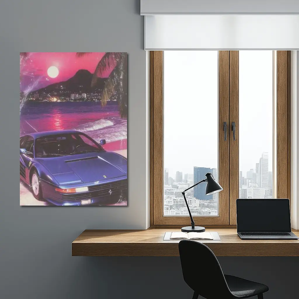 Ferrari Testarossa Blue Retro Tropical Beach Sunset – Wall Art