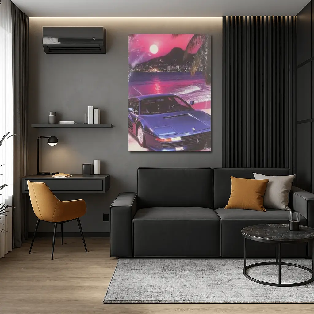 Ferrari Testarossa Blue Retro Tropical Beach Sunset – Wall Art