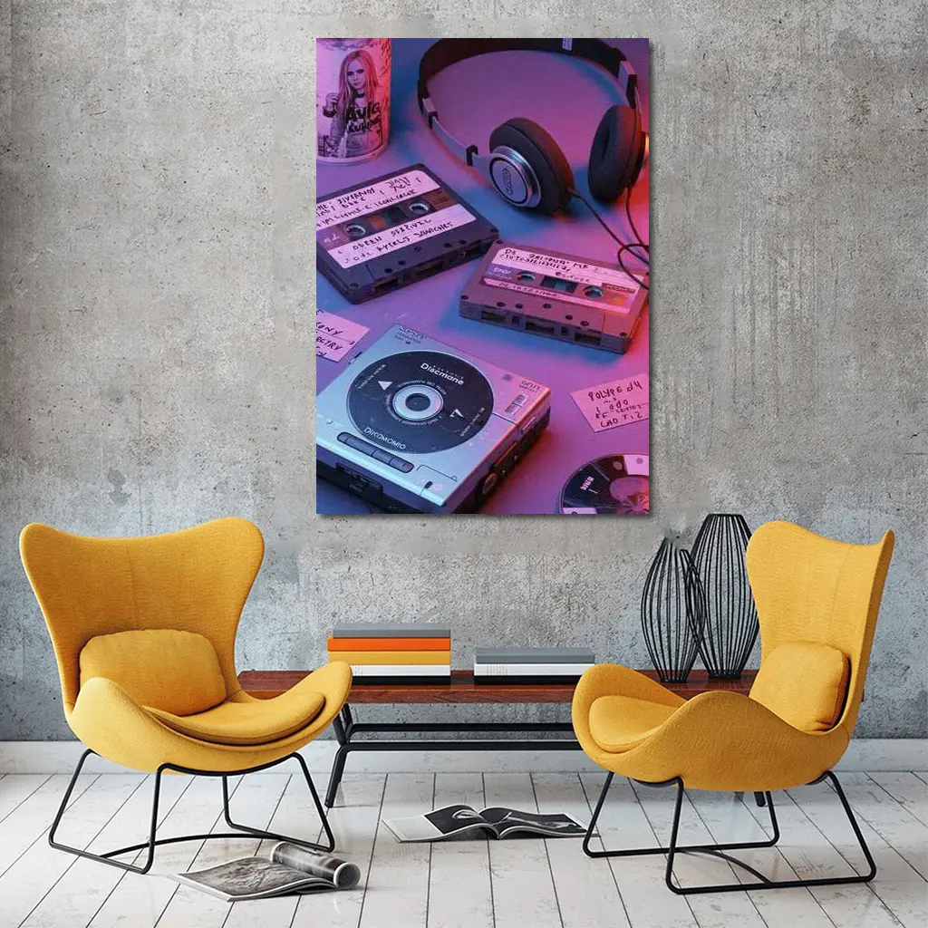 Retro Cassette Tapes Headphones CD Player Neon – Wall Art