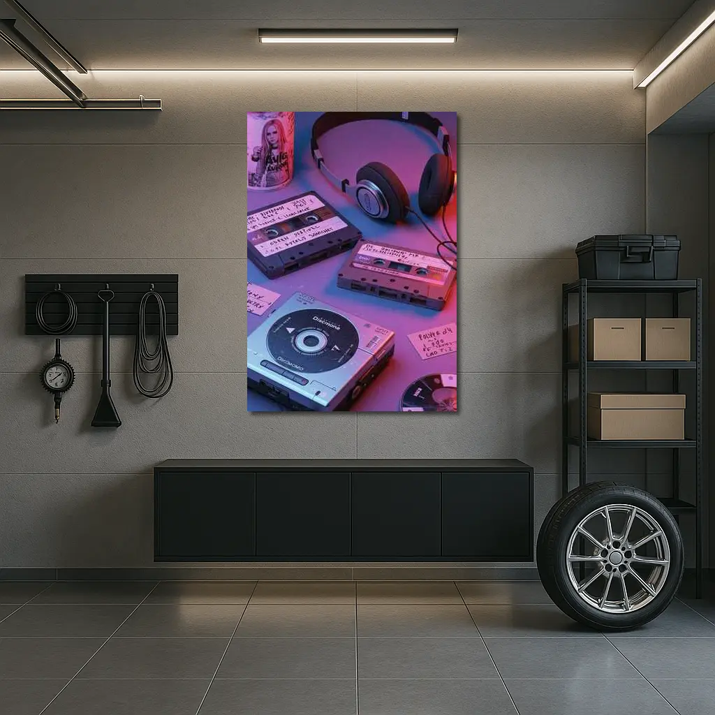Retro Cassette Tapes Headphones CD Player Neon – Wall Art