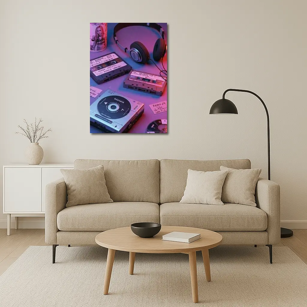 Retro Cassette Tapes Headphones CD Player Neon – Wall Art