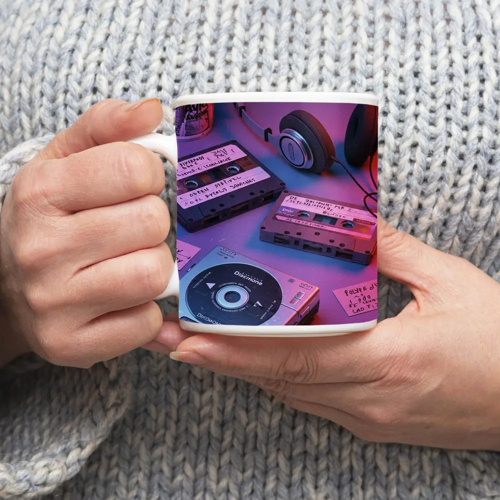 Retro Cassette Tapes Headphones CD Player Neon – Mugs