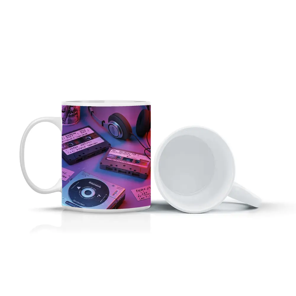 Retro Cassette Tapes Headphones CD Player Neon – Mugs