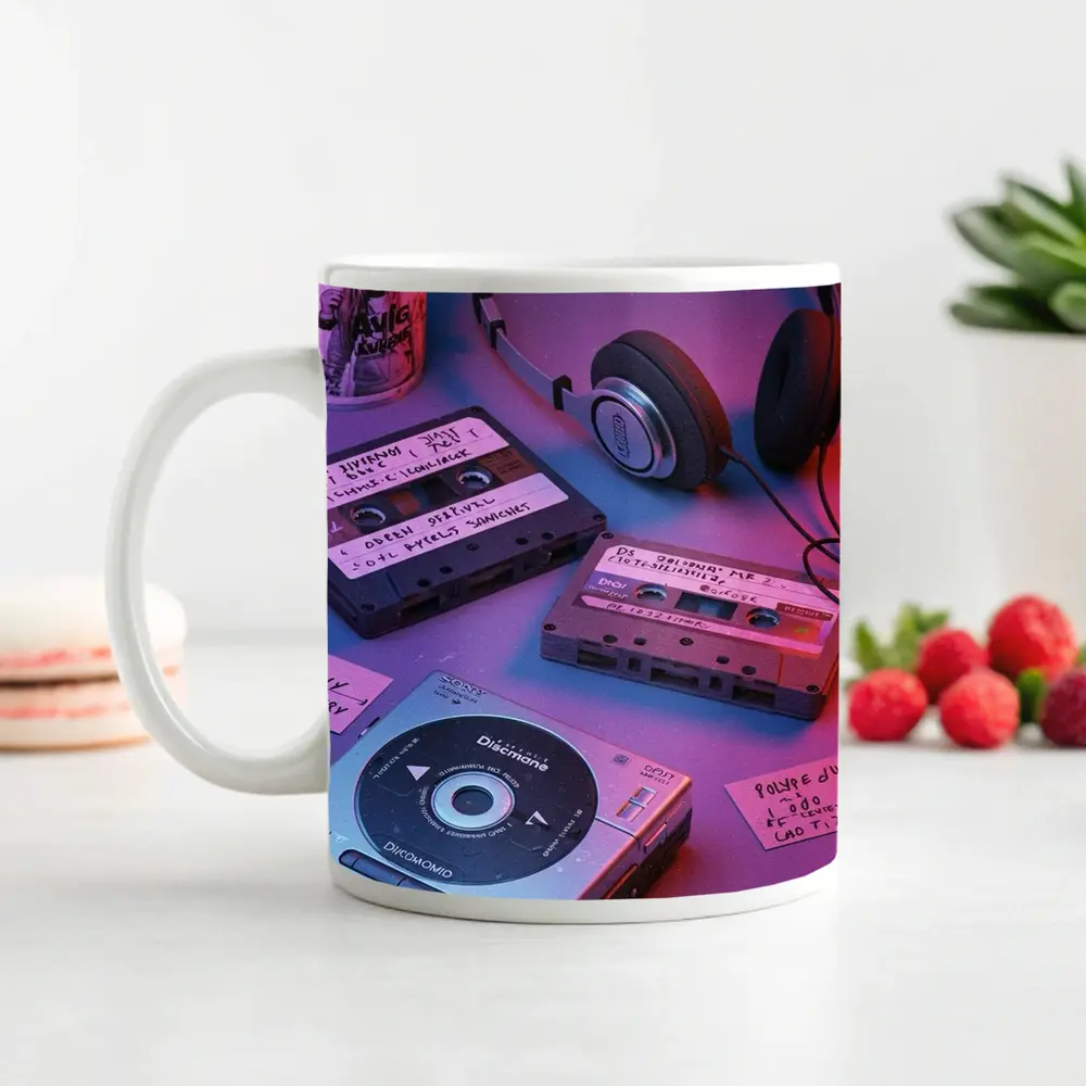 Retro Cassette Tapes Headphones CD Player Neon – Mugs