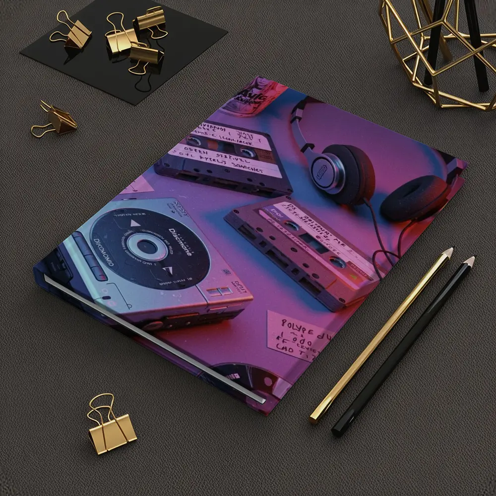 Retro Cassette Tapes Headphones CD Player Neon – Notebooks