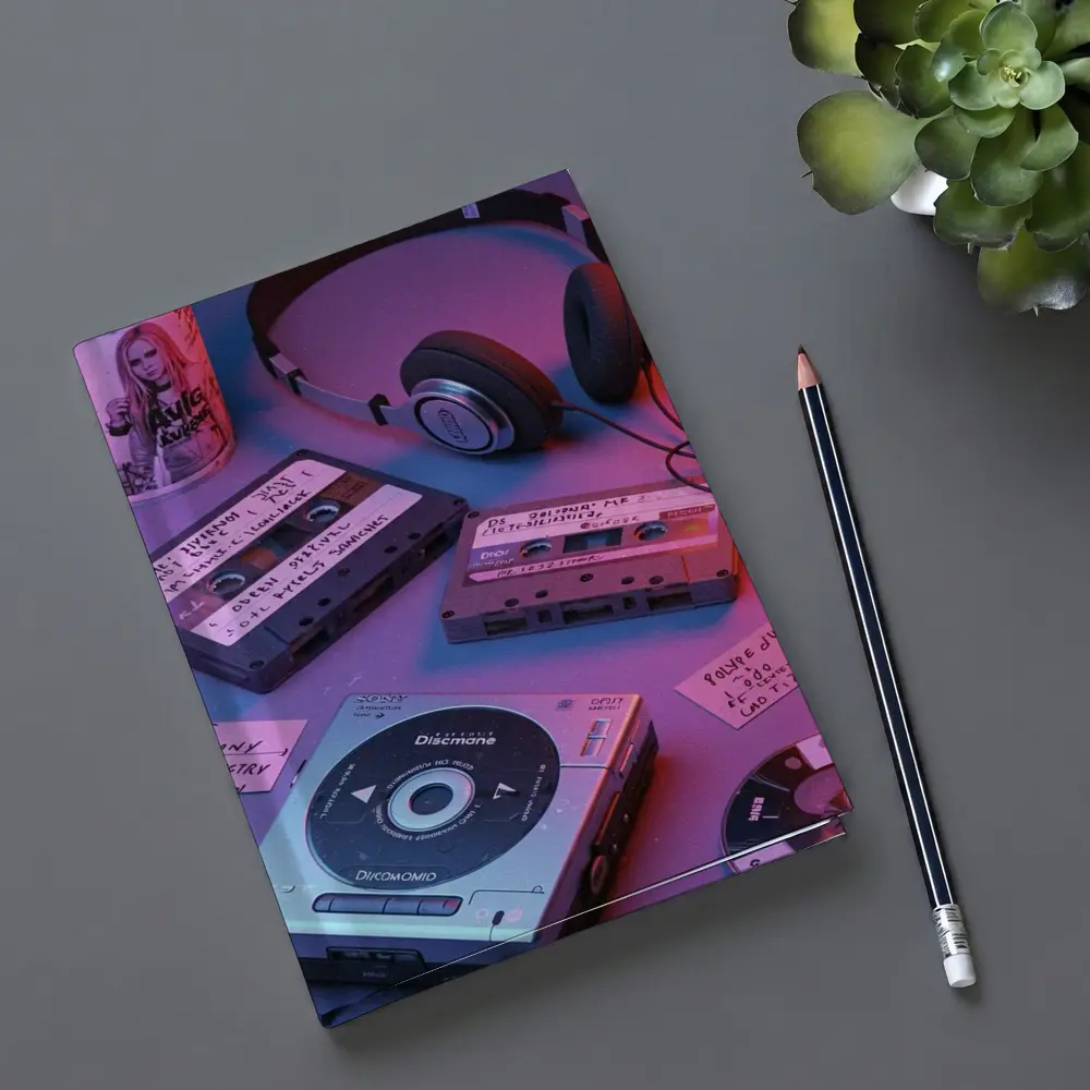 Retro Cassette Tapes Headphones CD Player Neon – Notebooks