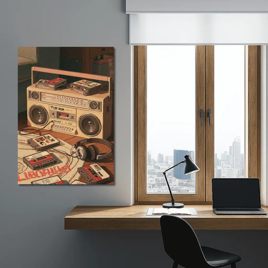 Retro Boombox Cassette Tapes Floor Scene – Wall Art