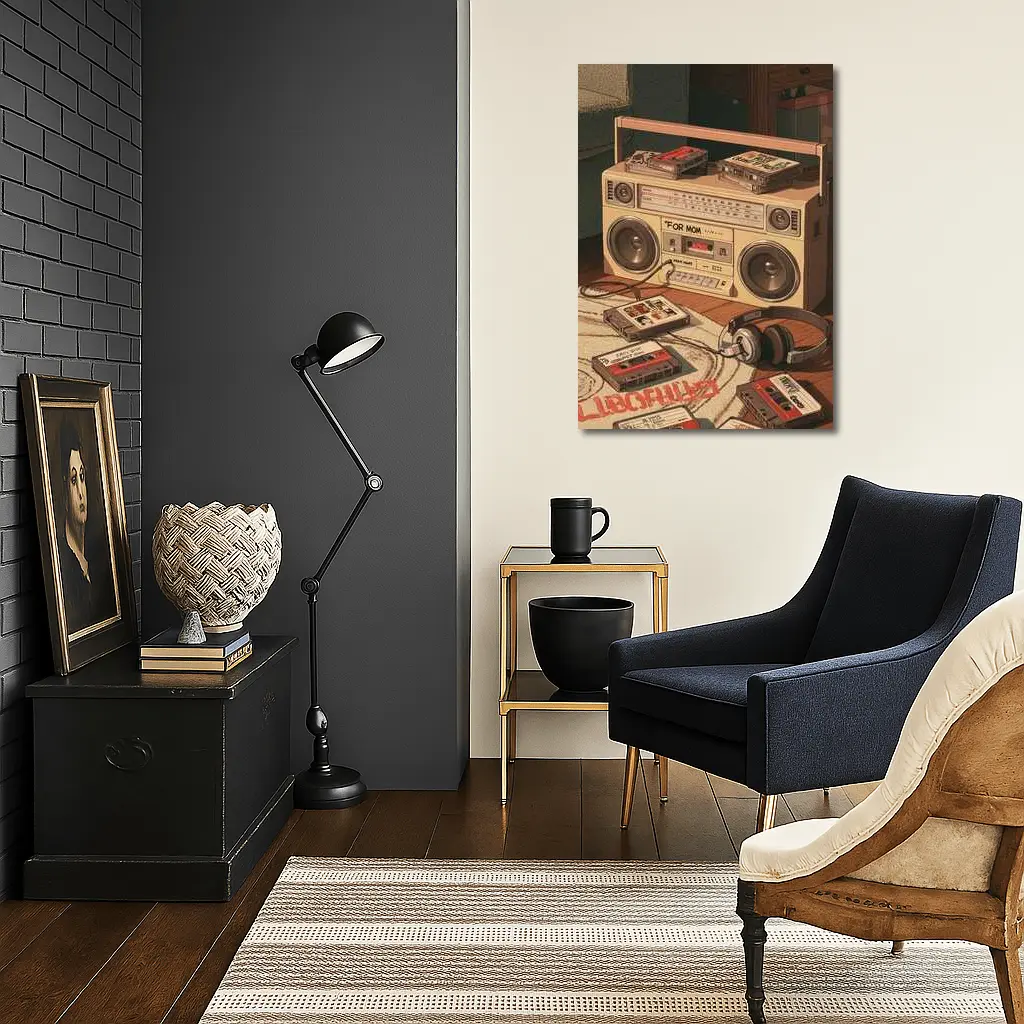 Retro Boombox Cassette Tapes Floor Scene – Wall Art