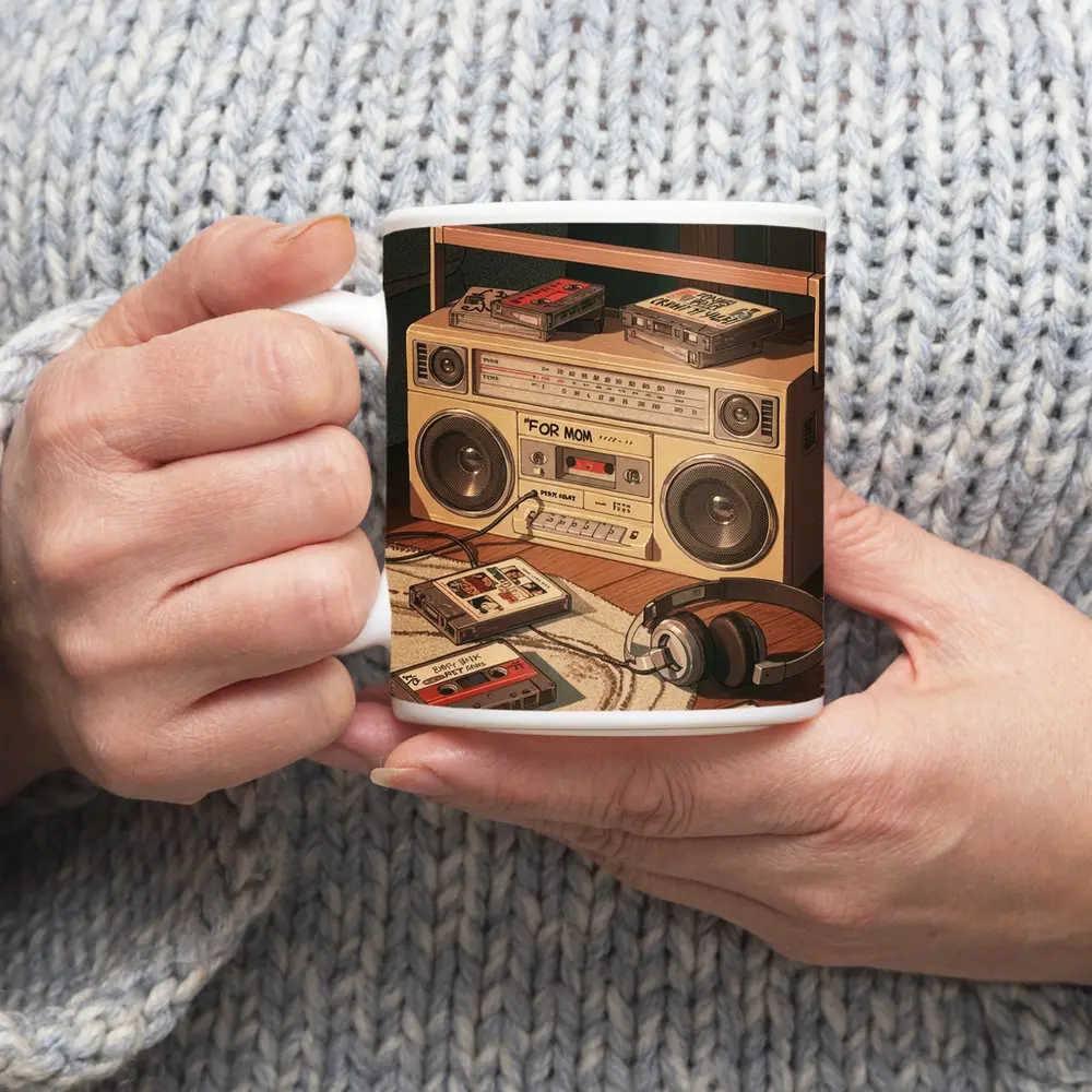 Retro Boombox Cassette Tapes Floor Scene – Mugs