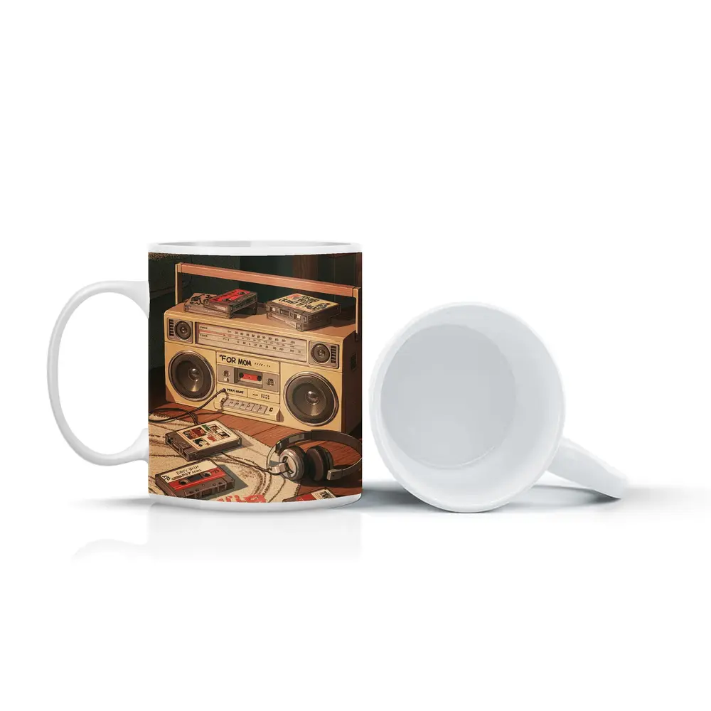 Retro Boombox Cassette Tapes Floor Scene – Mugs
