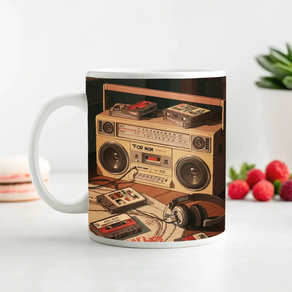 Retro Boombox Cassette Tapes Floor Scene – Mugs