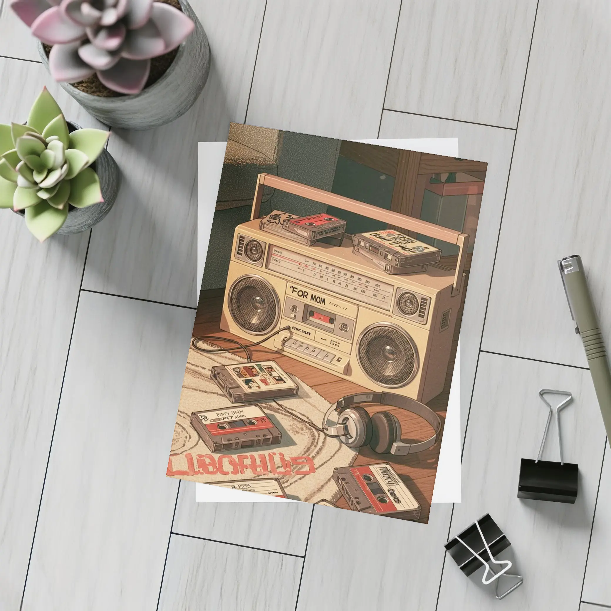 Retro Boombox Cassette Tapes Floor Scene – Postcards