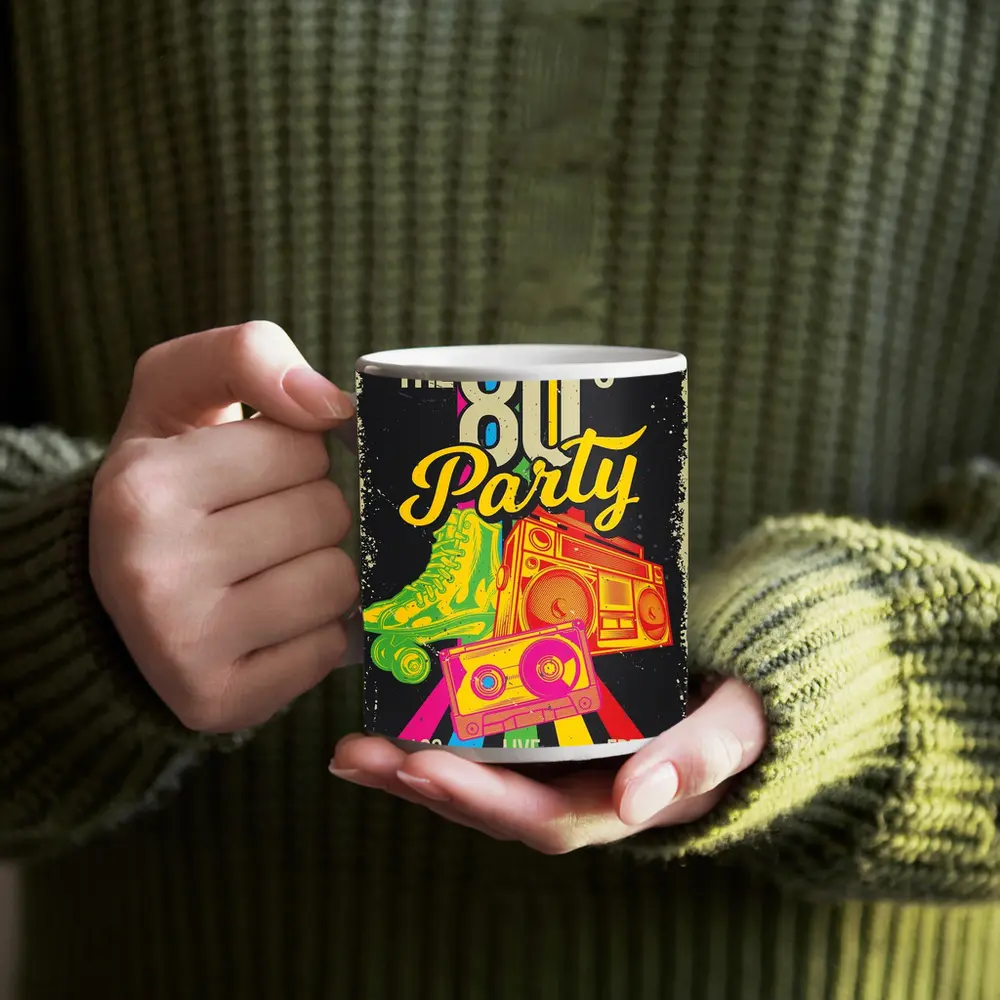 Retro Eighties Party Boombox Roller Skates Art – Mugs