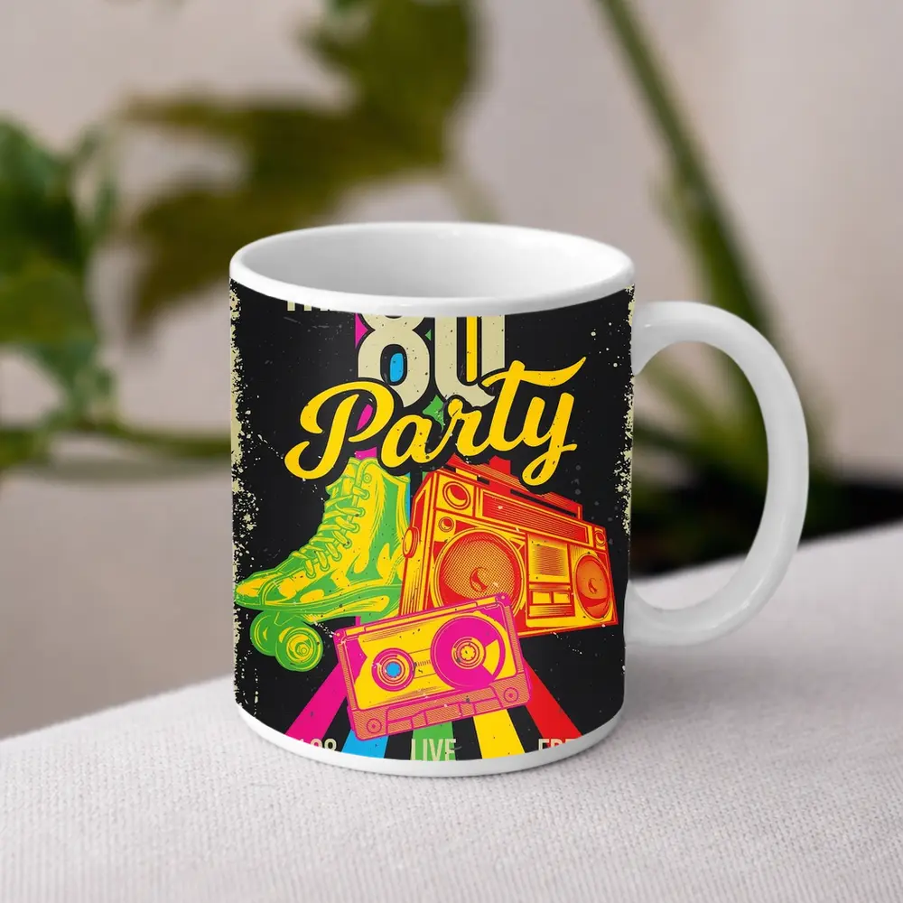 Retro Eighties Party Boombox Roller Skates Art – Mugs