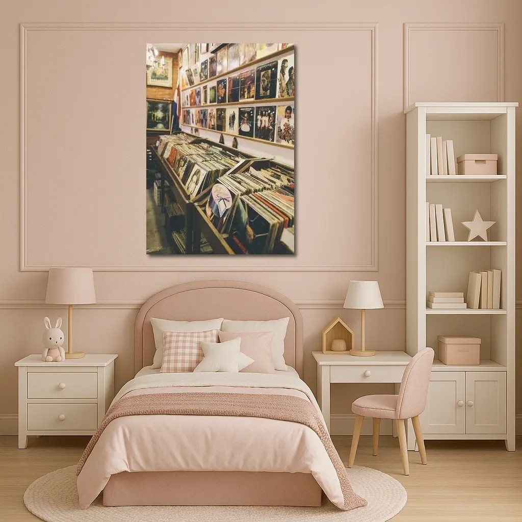 Vintage Vinyl Record Shop Interior Scene – Wall Art