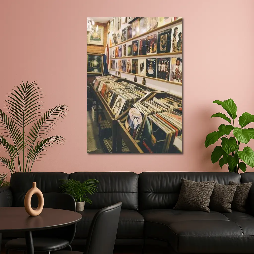 Vintage Vinyl Record Shop Interior Scene – Wall Art