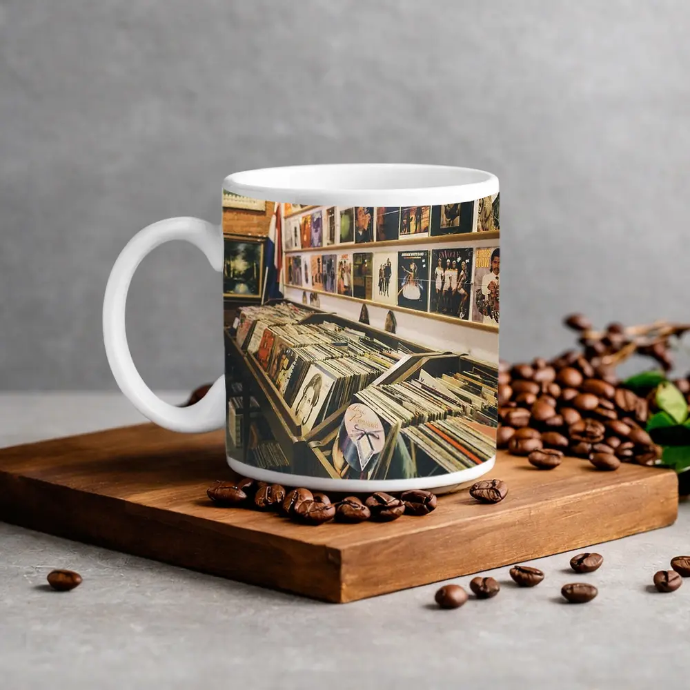 Vintage Vinyl Record Shop Interior Scene – Mugs