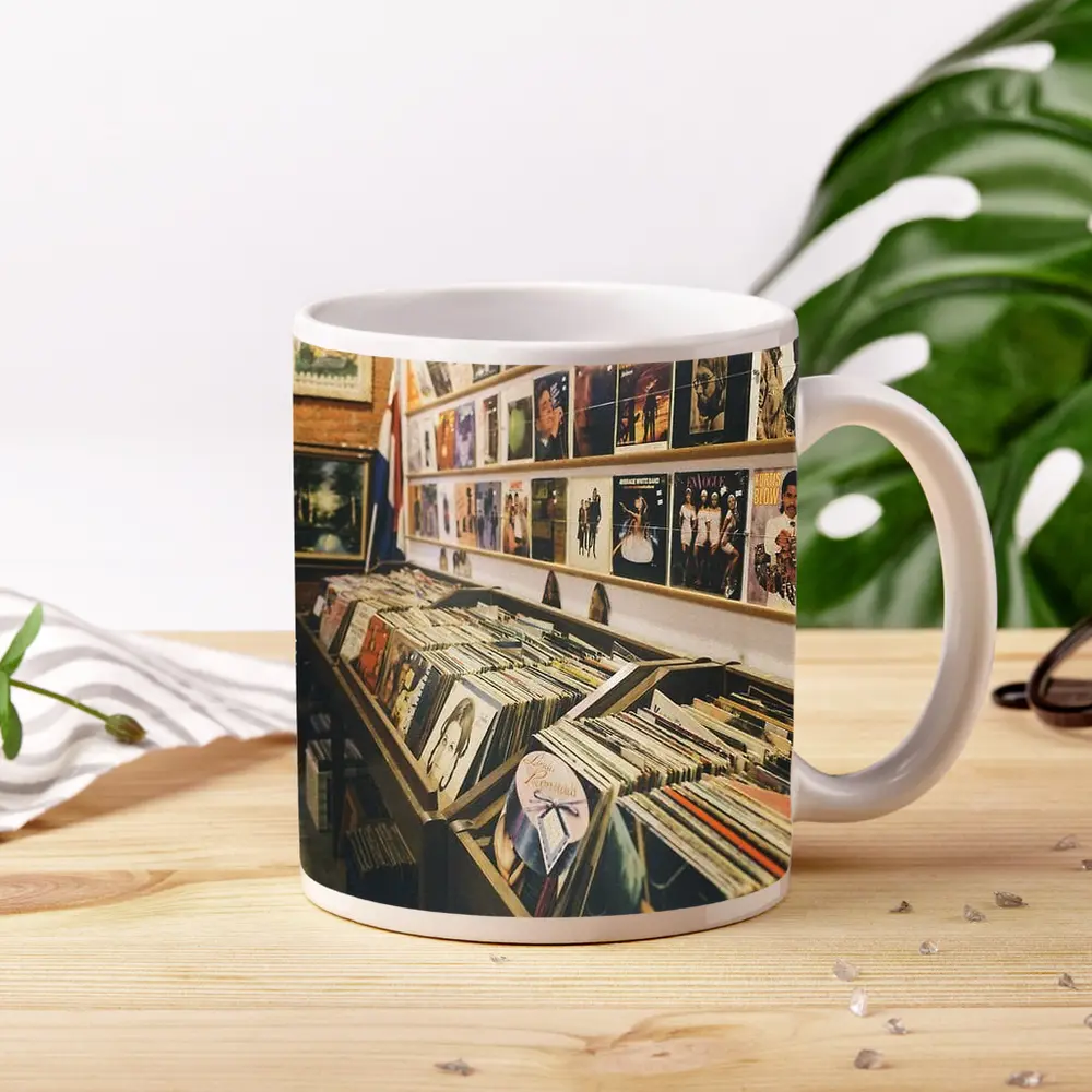 Vintage Vinyl Record Shop Interior Scene – Mugs