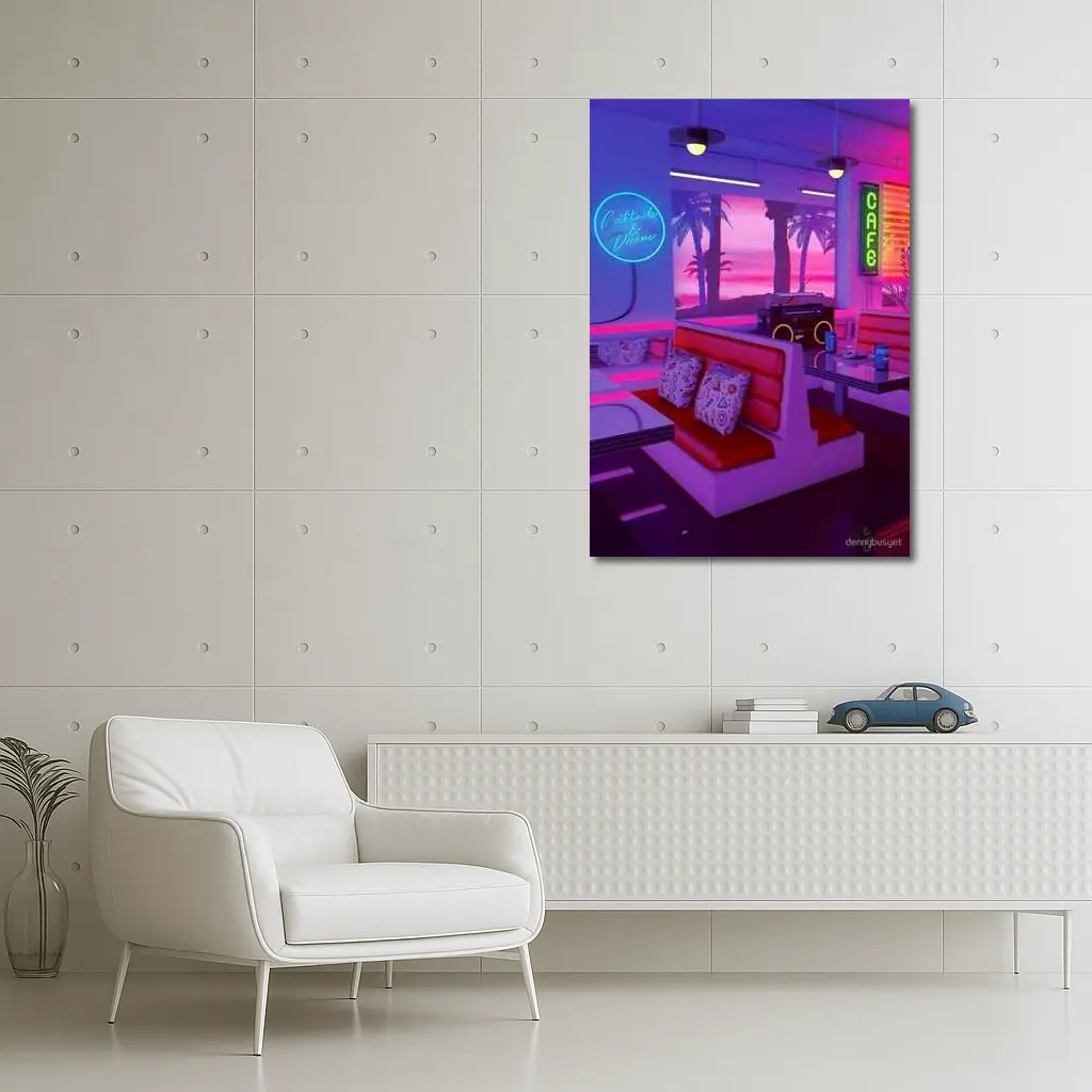 Retro Neon Diner Cafe Synthwave Interior Art – Wall Art