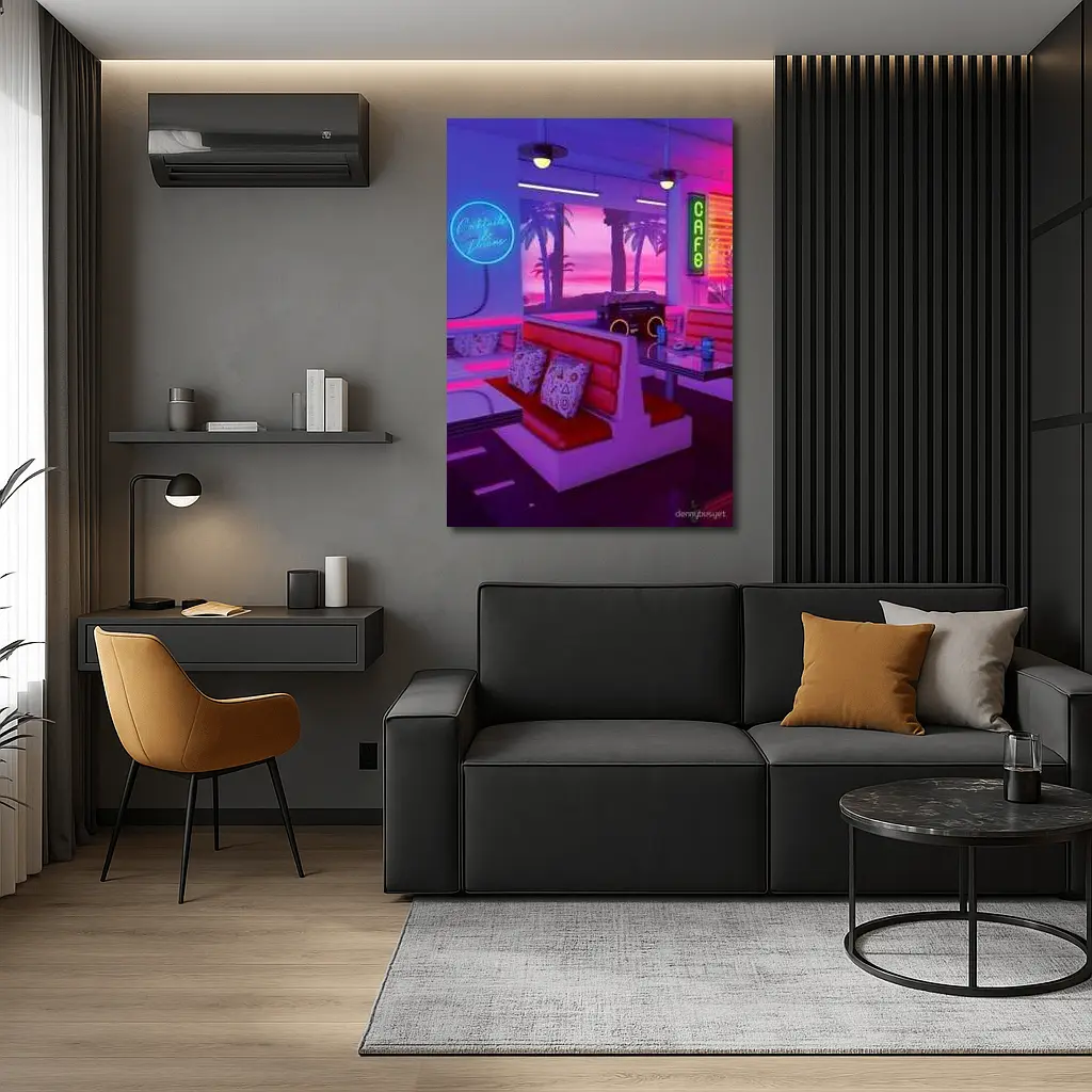 Retro Neon Diner Cafe Synthwave Interior Art – Wall Art