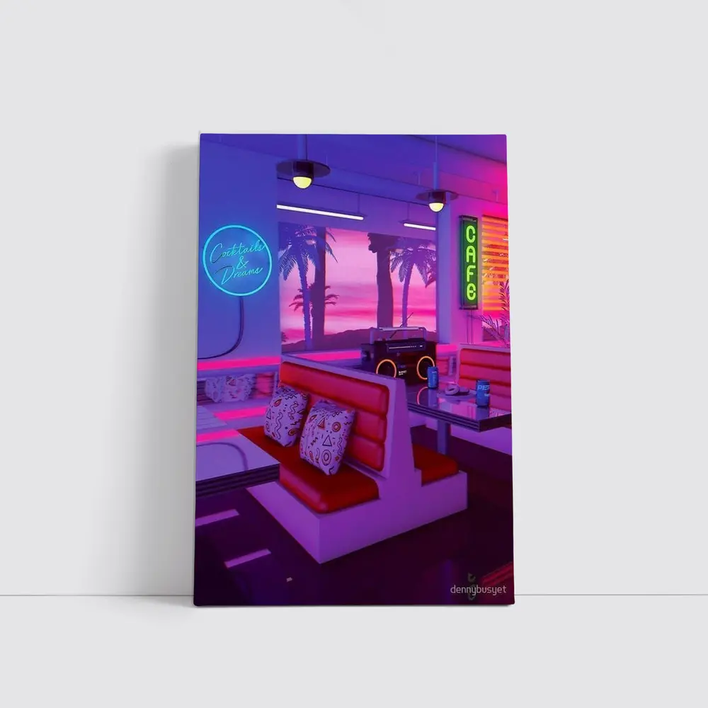 Retro Neon Diner Cafe Synthwave Interior Art – Wall Art