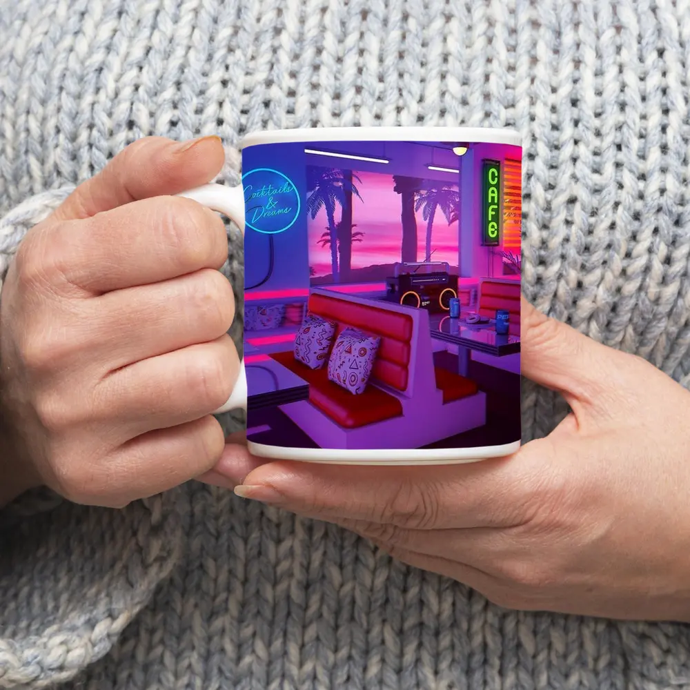 Retro Neon Diner Cafe Synthwave Interior Art – Mugs