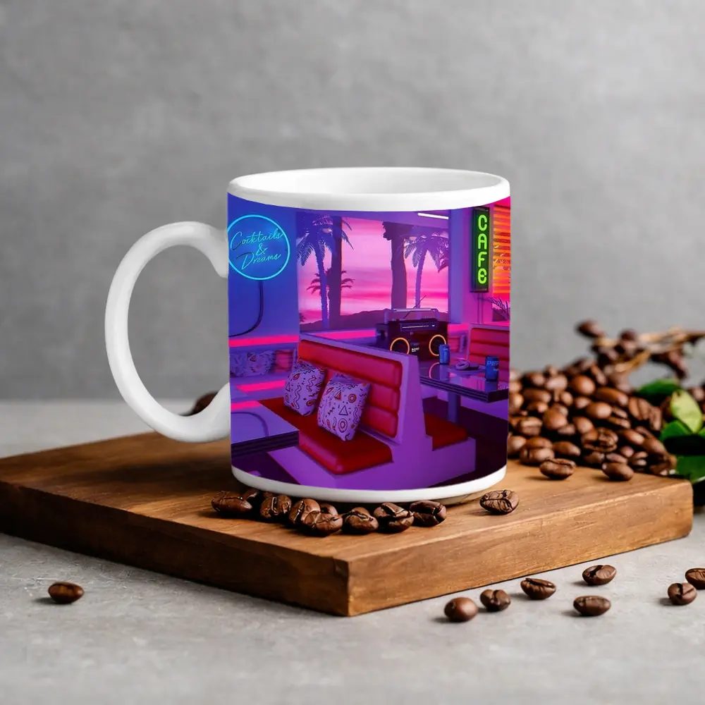 Retro Neon Diner Cafe Synthwave Interior Art – Mugs