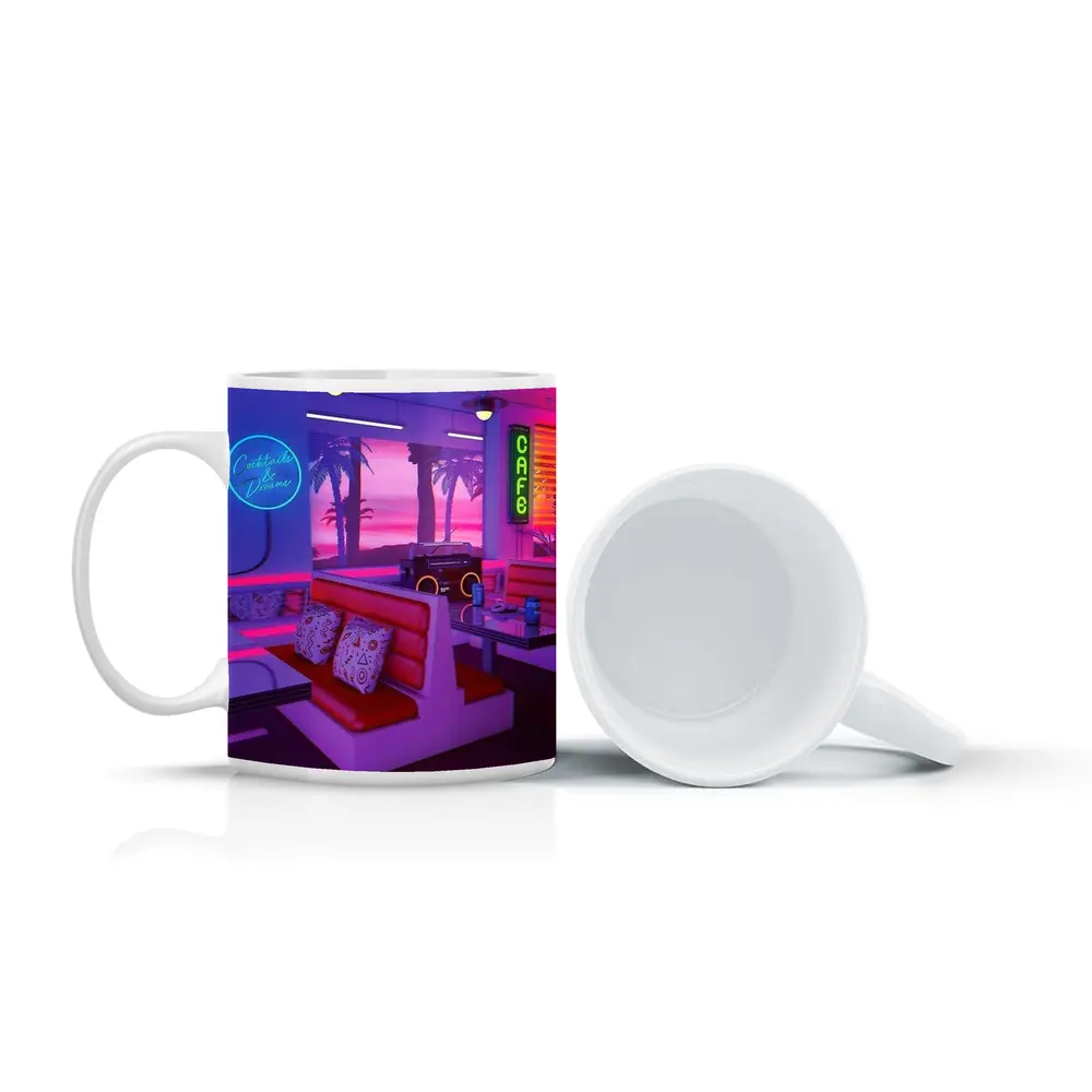 Retro Neon Diner Cafe Synthwave Interior Art – Mugs