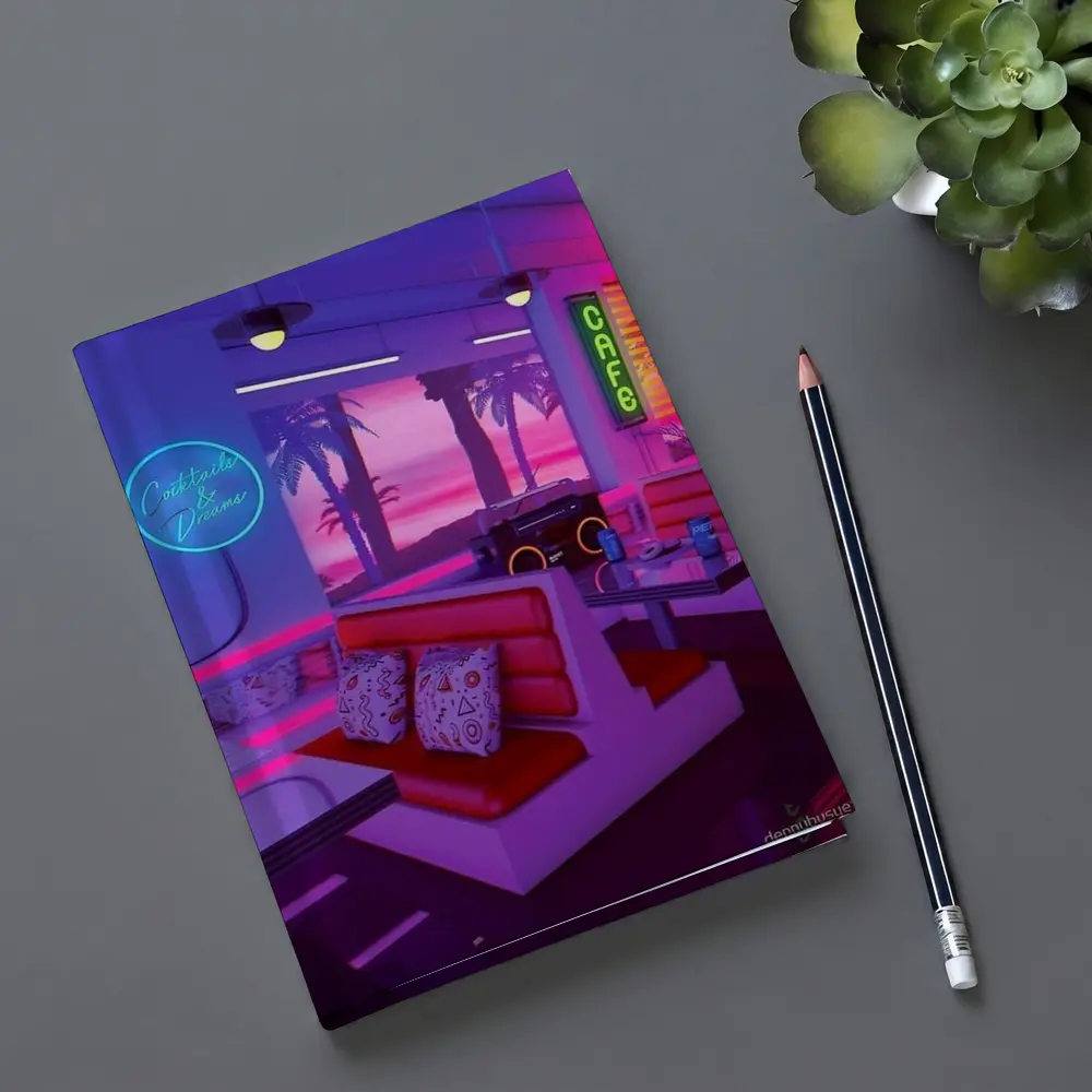 Retro Neon Diner Cafe Synthwave Interior Art – Notebooks