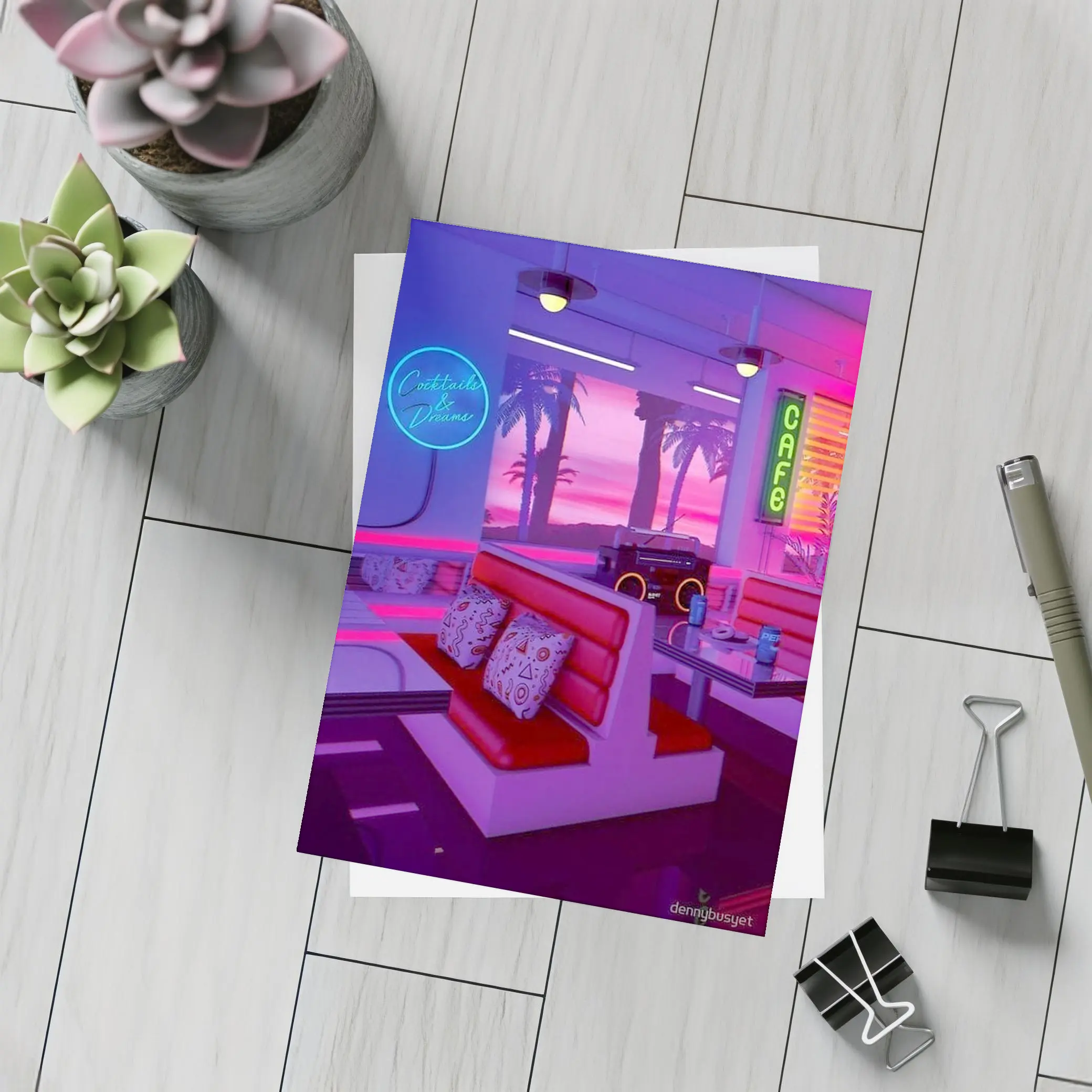 Retro Neon Diner Cafe Synthwave Interior Art – Postcards