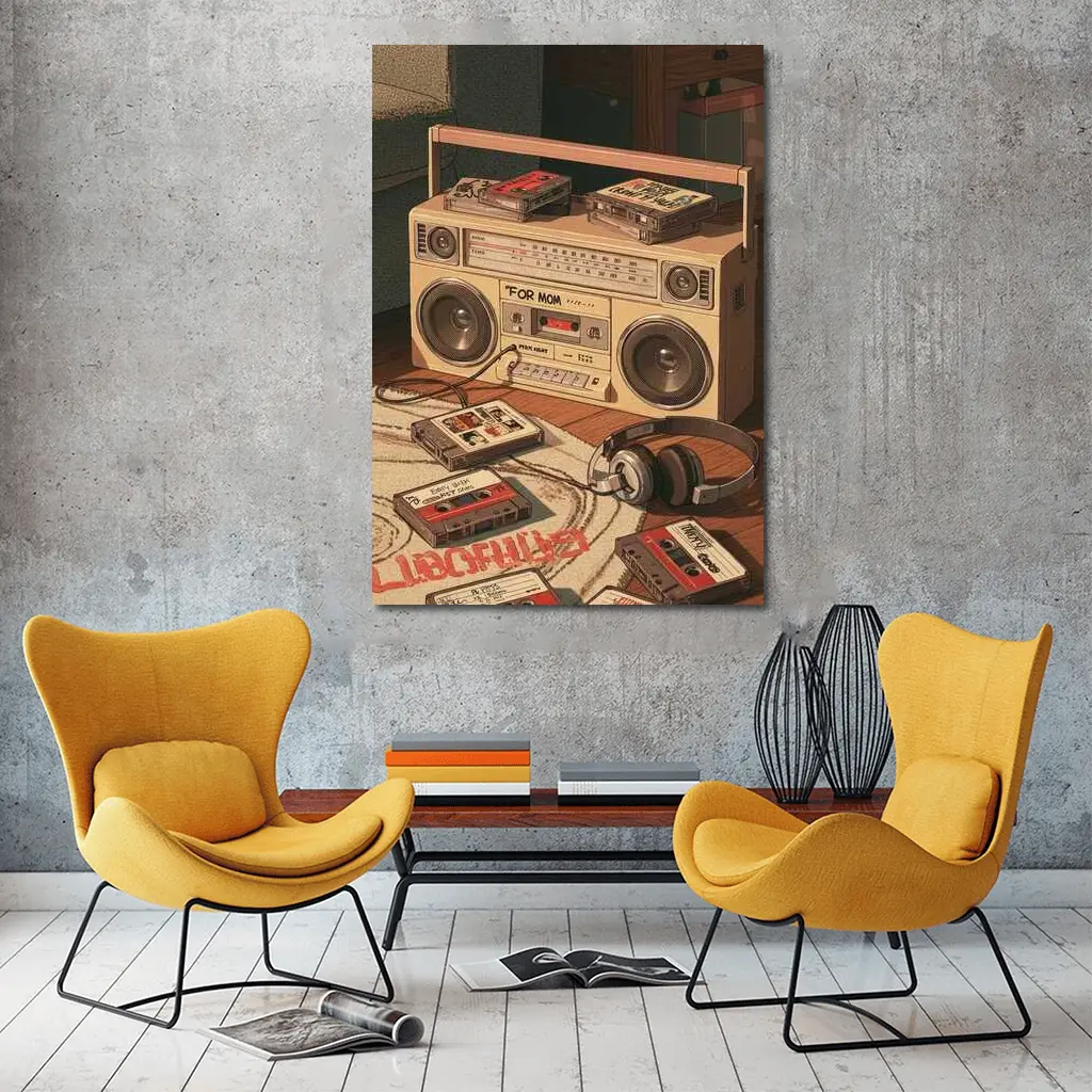Retro Boombox Cassette Tapes Floor Scene – Wall Art
