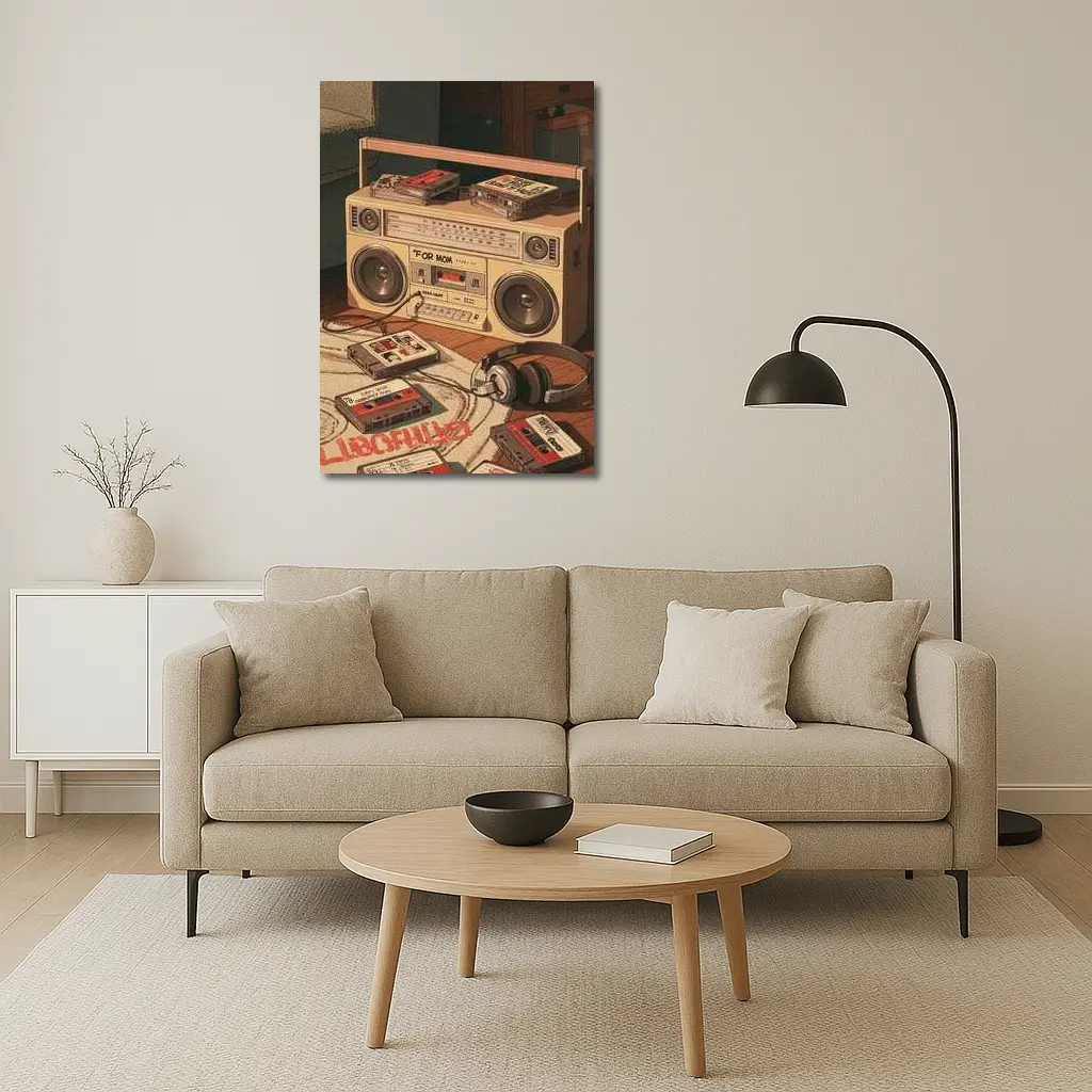Retro Boombox Cassette Tapes Floor Scene – Wall Art