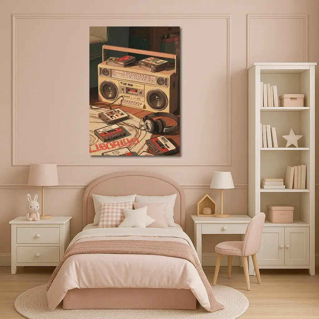 Retro Boombox Cassette Tapes Floor Scene – Wall Art