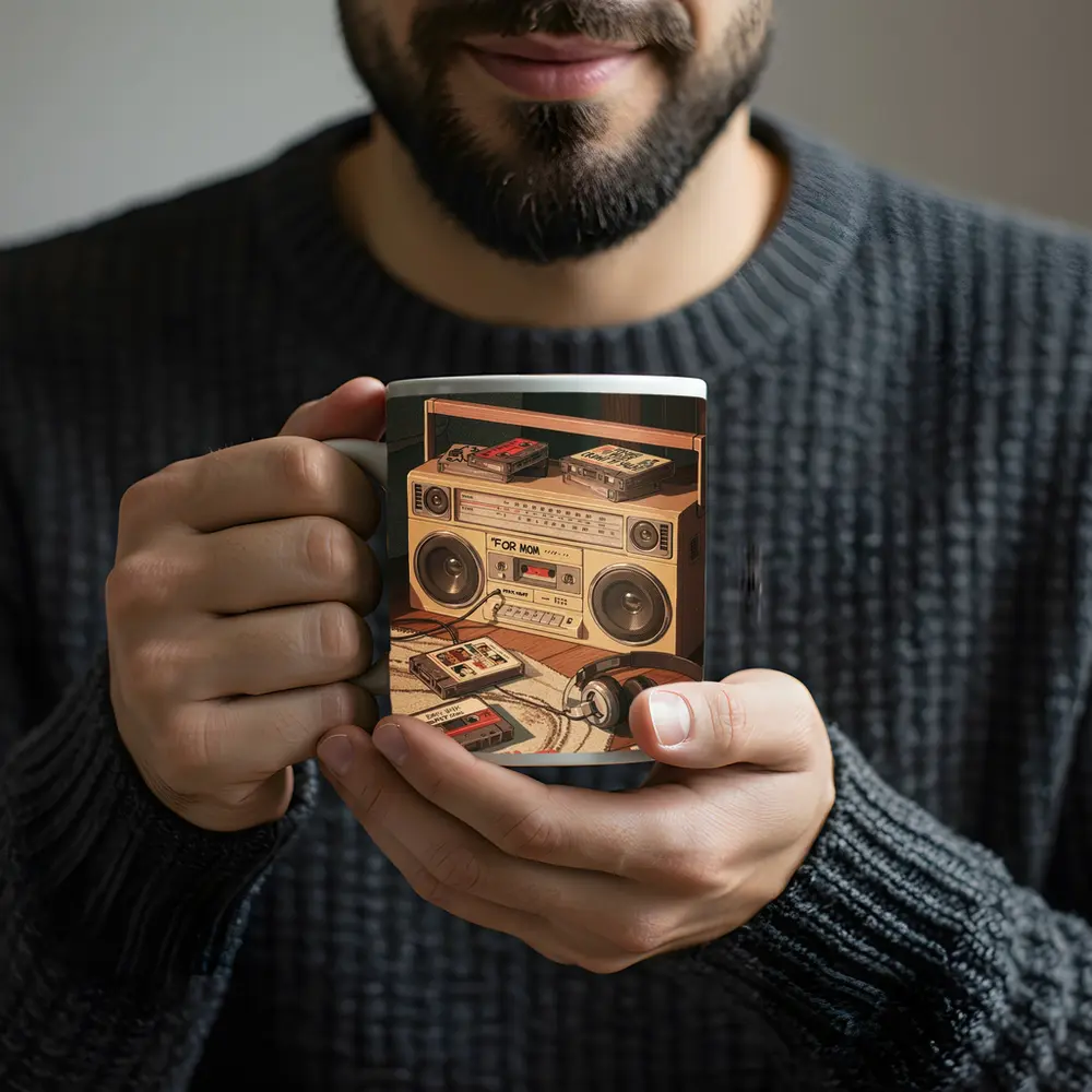 Retro Boombox Cassette Tapes Floor Scene – Mugs