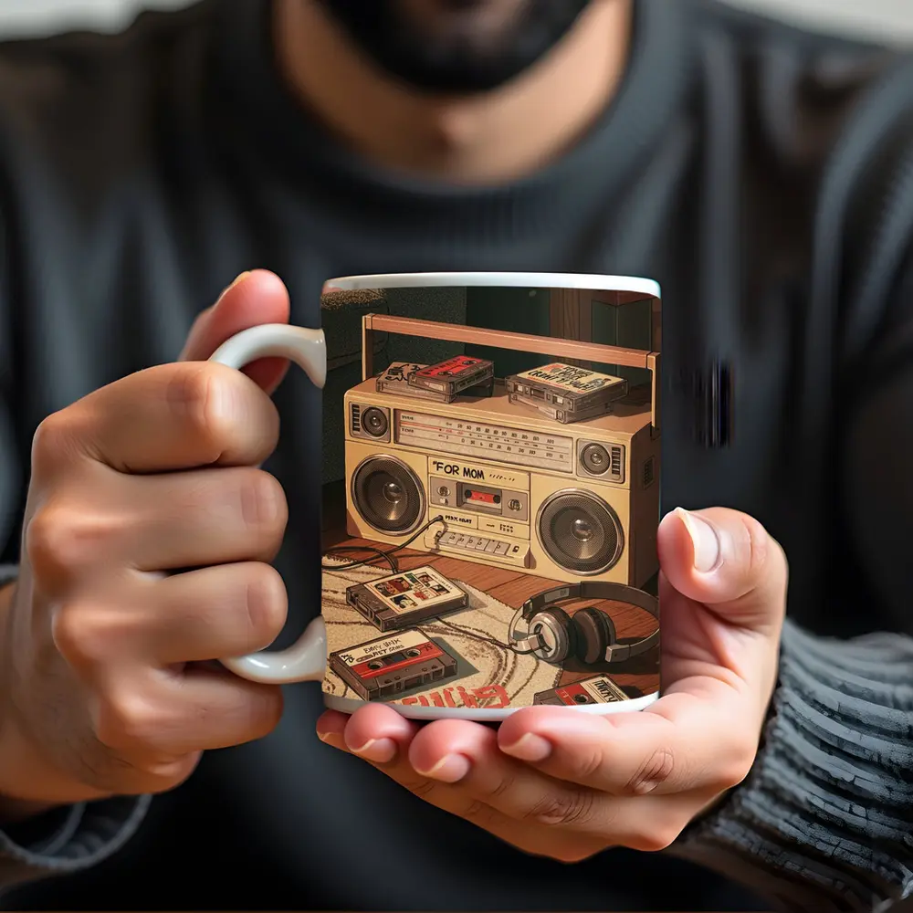 Retro Boombox Cassette Tapes Floor Scene – Mugs