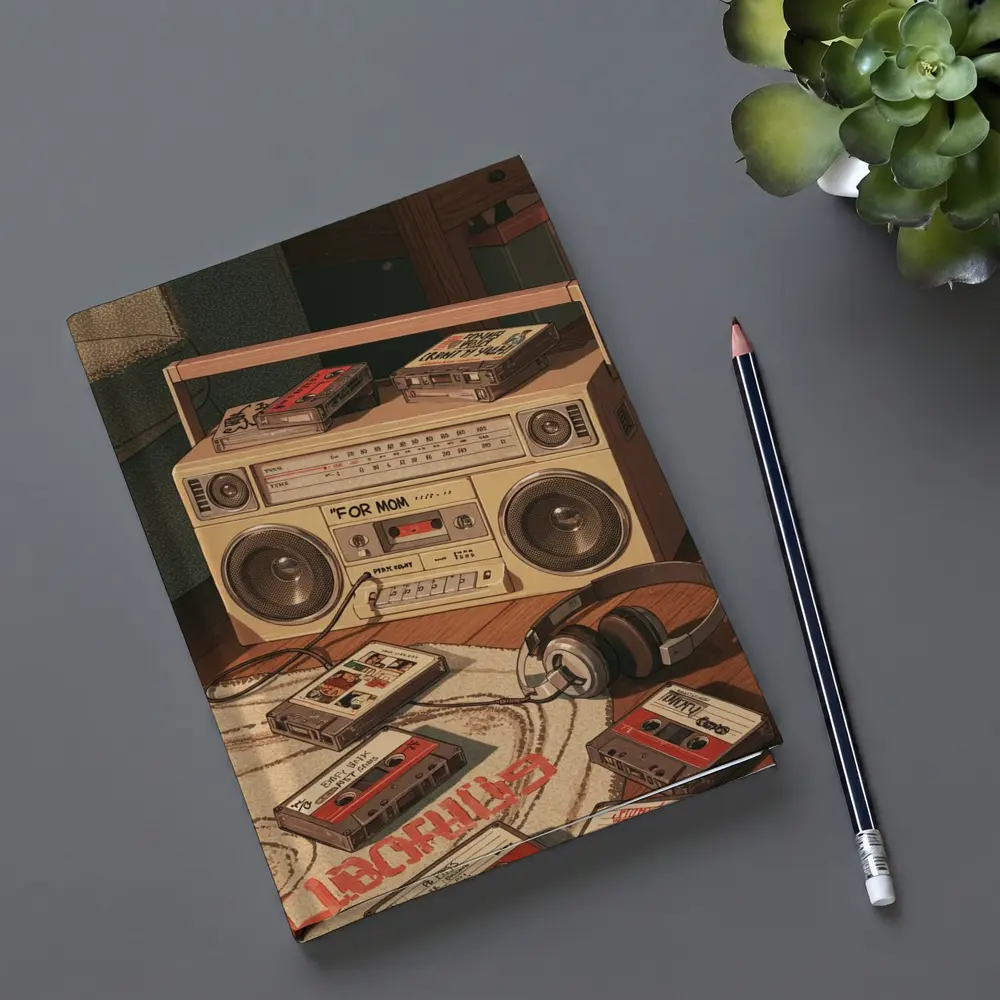 Retro Boombox Cassette Tapes Floor Scene – Notebooks