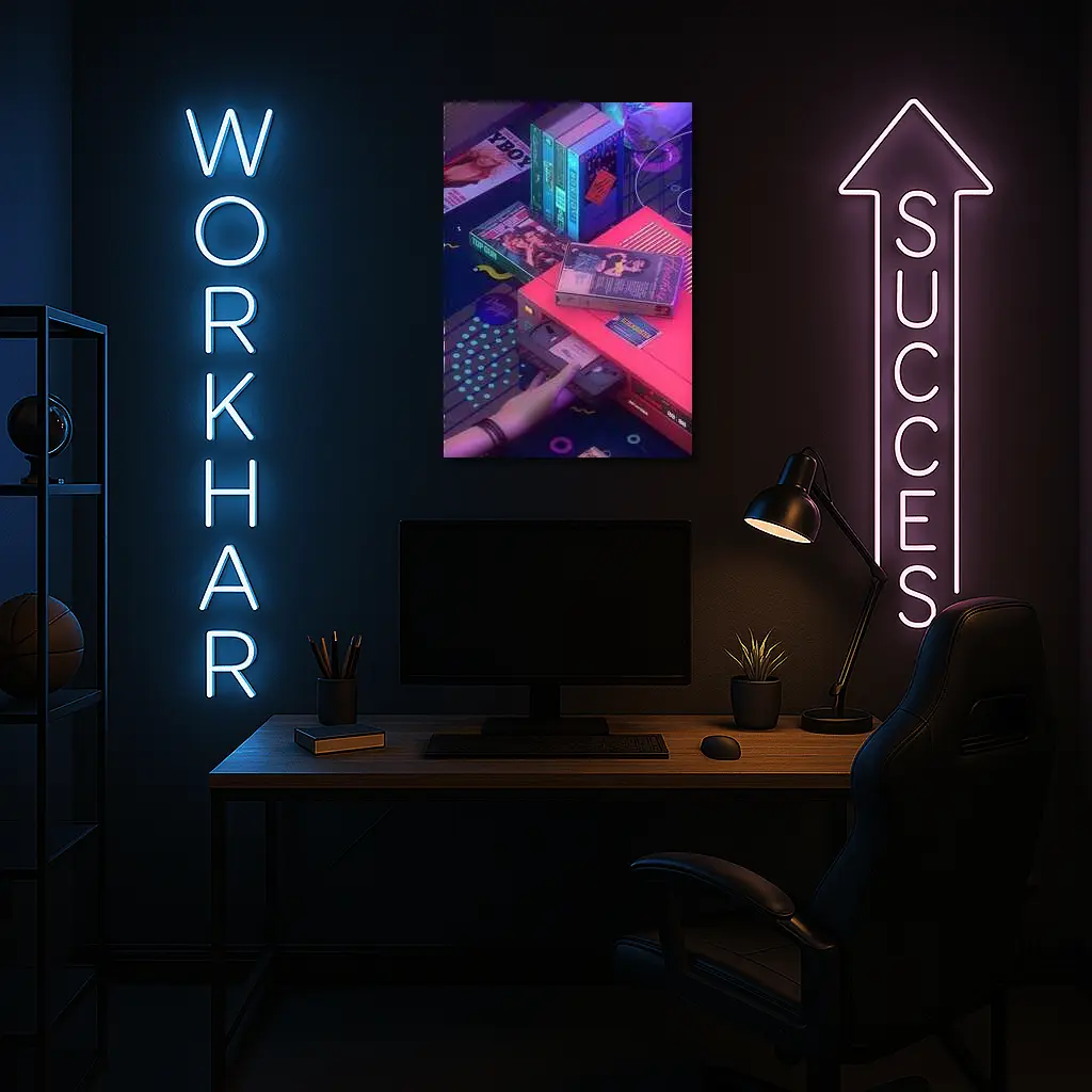 Retro VHS Tapes Neon Eighties Room Scene – Wall Art