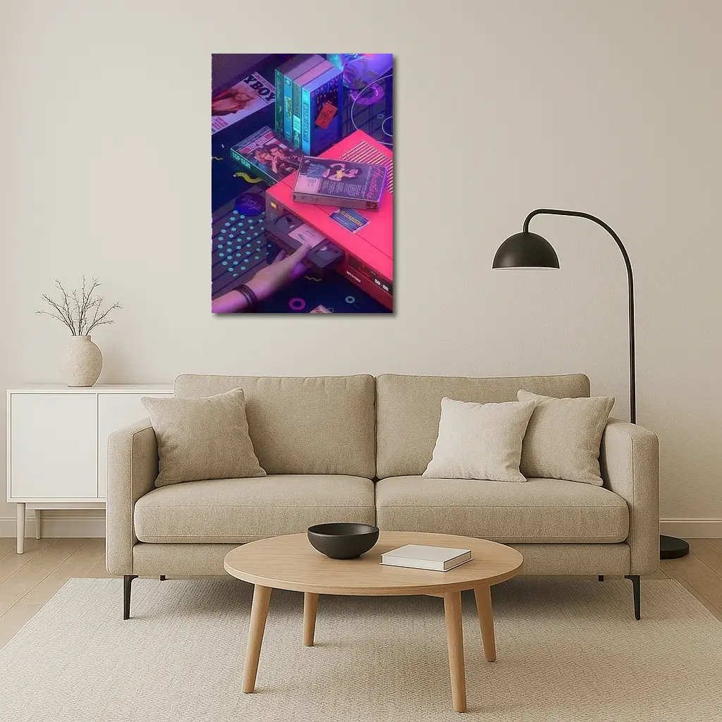 Retro VHS Tapes Neon Eighties Room Scene – Wall Art