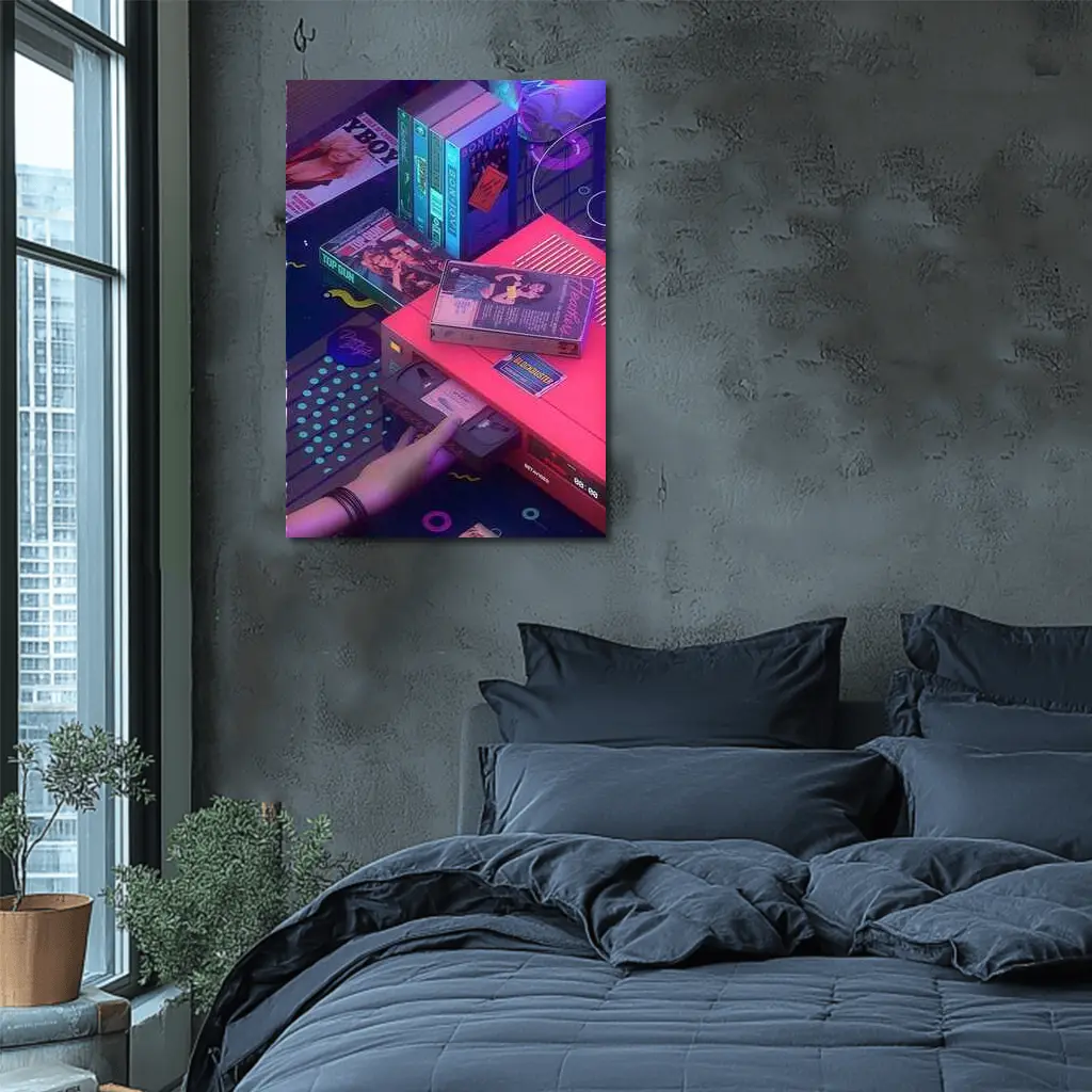 Retro VHS Tapes Neon Eighties Room Scene – Wall Art