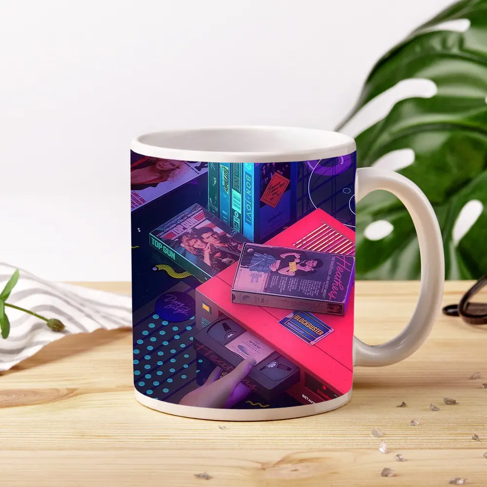 Retro VHS Tapes Neon Eighties Room Scene – Mugs