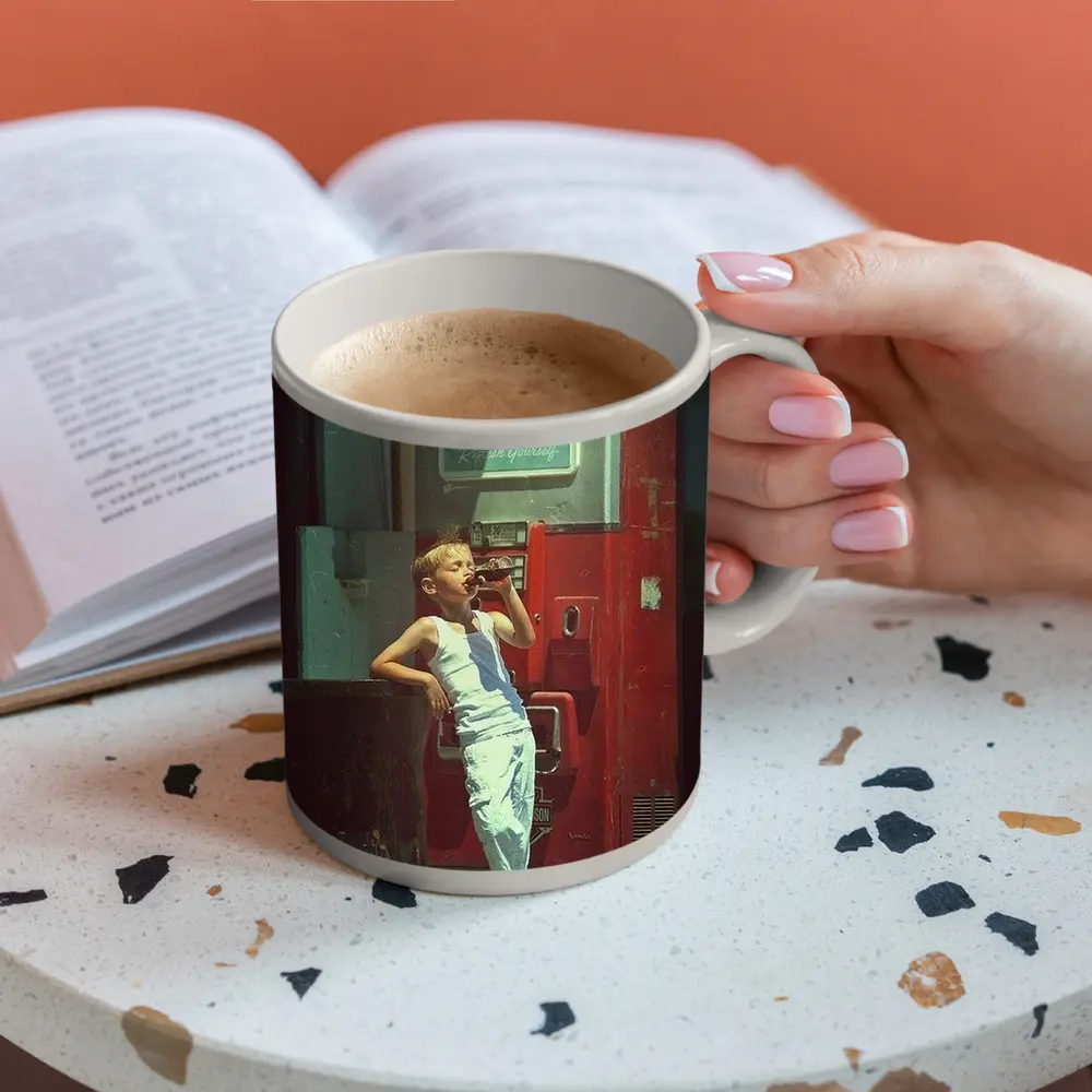 Boy Drinking Soda Vintage Coca Cola Machine – Mugs