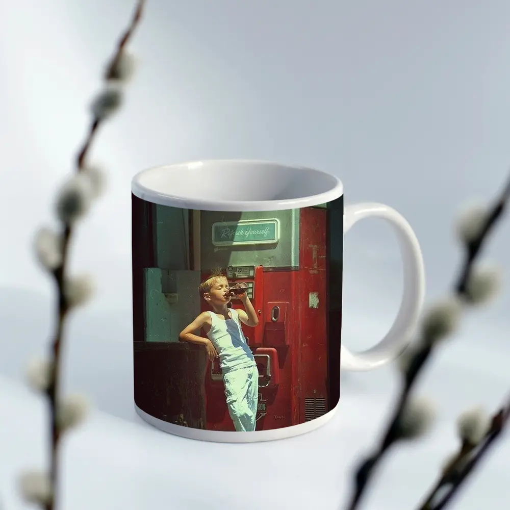 Boy Drinking Soda Vintage Coca Cola Machine – Mugs