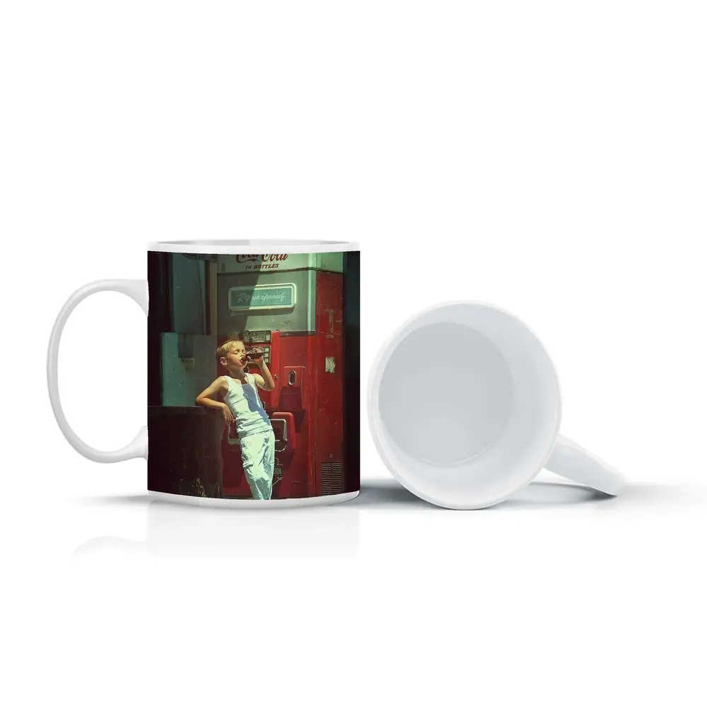 Boy Drinking Soda Vintage Coca Cola Machine – Mugs