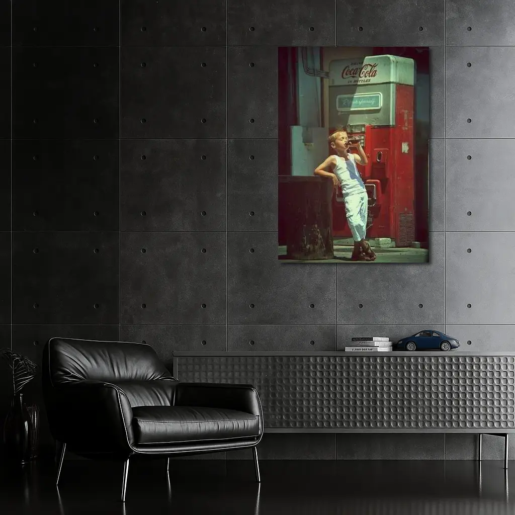 Boy Drinking Soda Vintage Coca Cola Machine – Wall Art