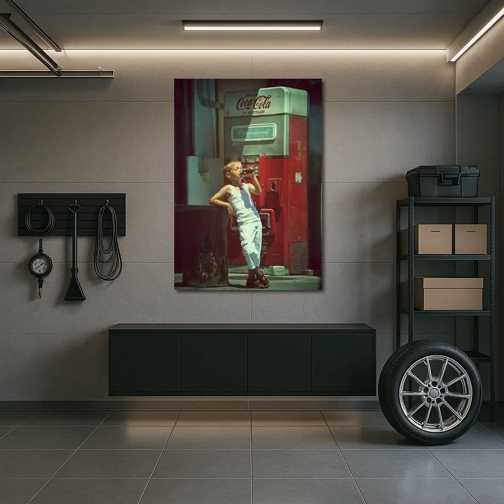 Boy Drinking Soda Vintage Coca Cola Machine – Wall Art