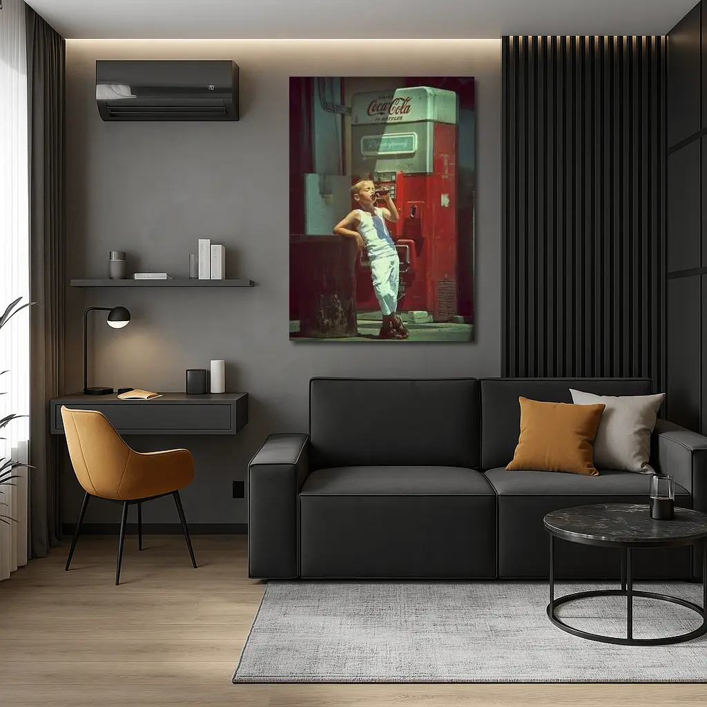 Boy Drinking Soda Vintage Coca Cola Machine – Wall Art