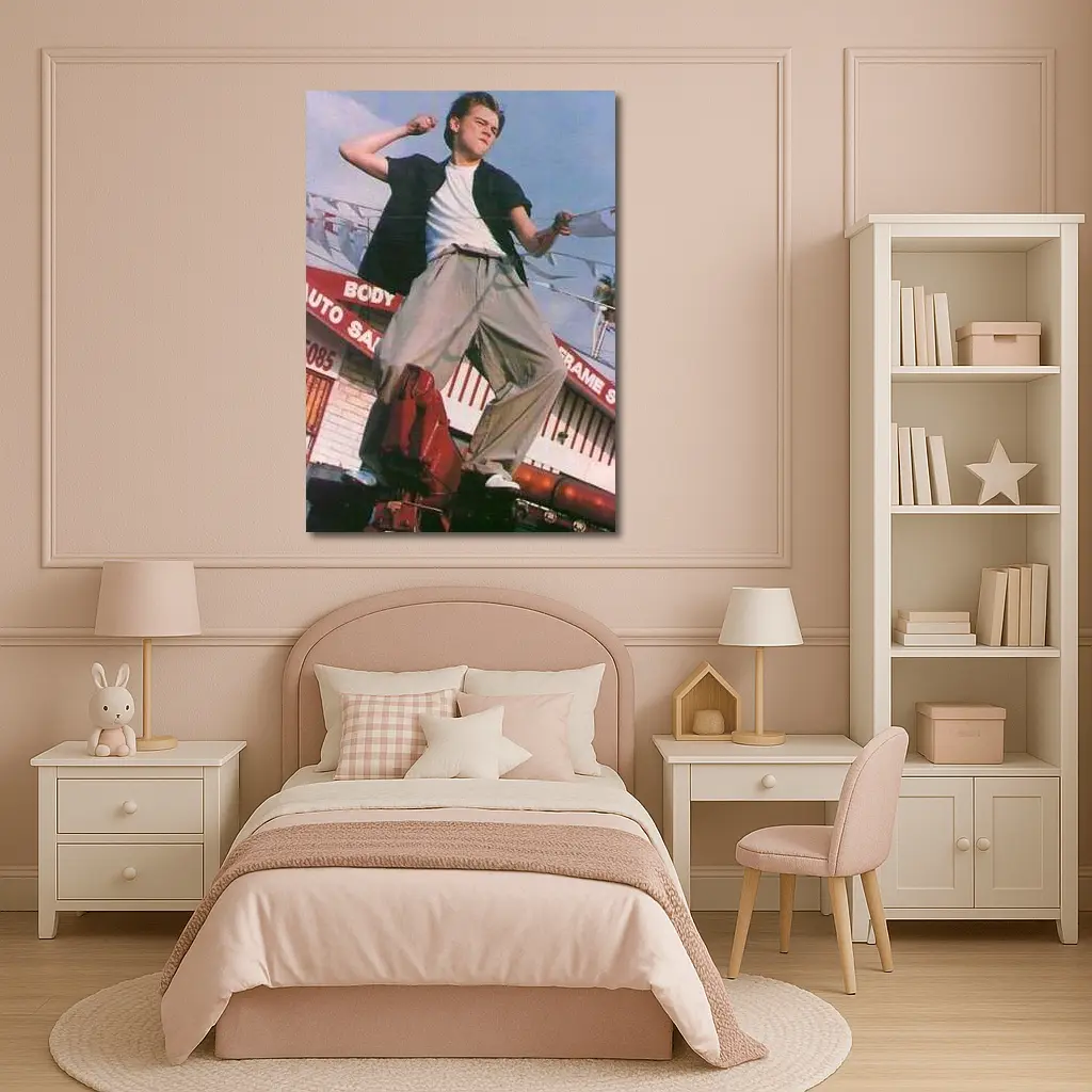 Young Man Posing Outdoors Auto Shop Background – Wall Art