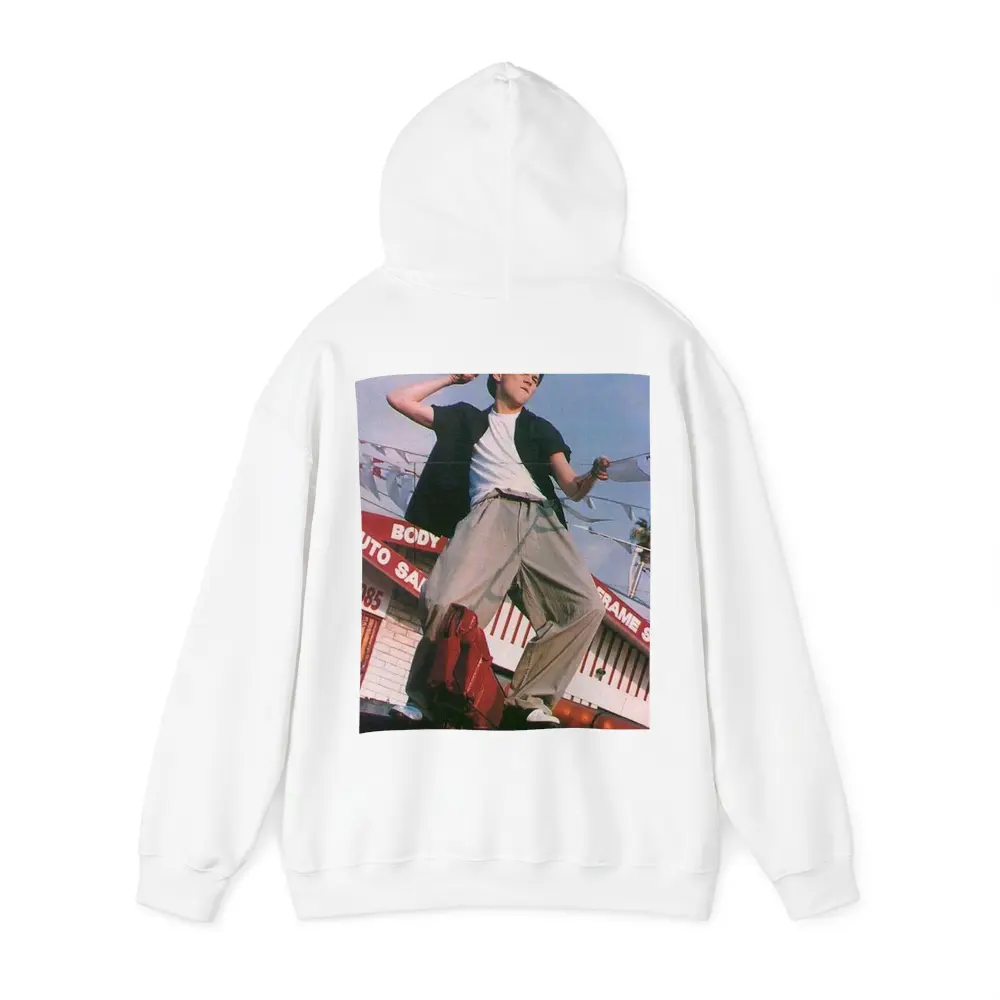 Young Man Posing Outdoors Auto Shop Background – Hoodies