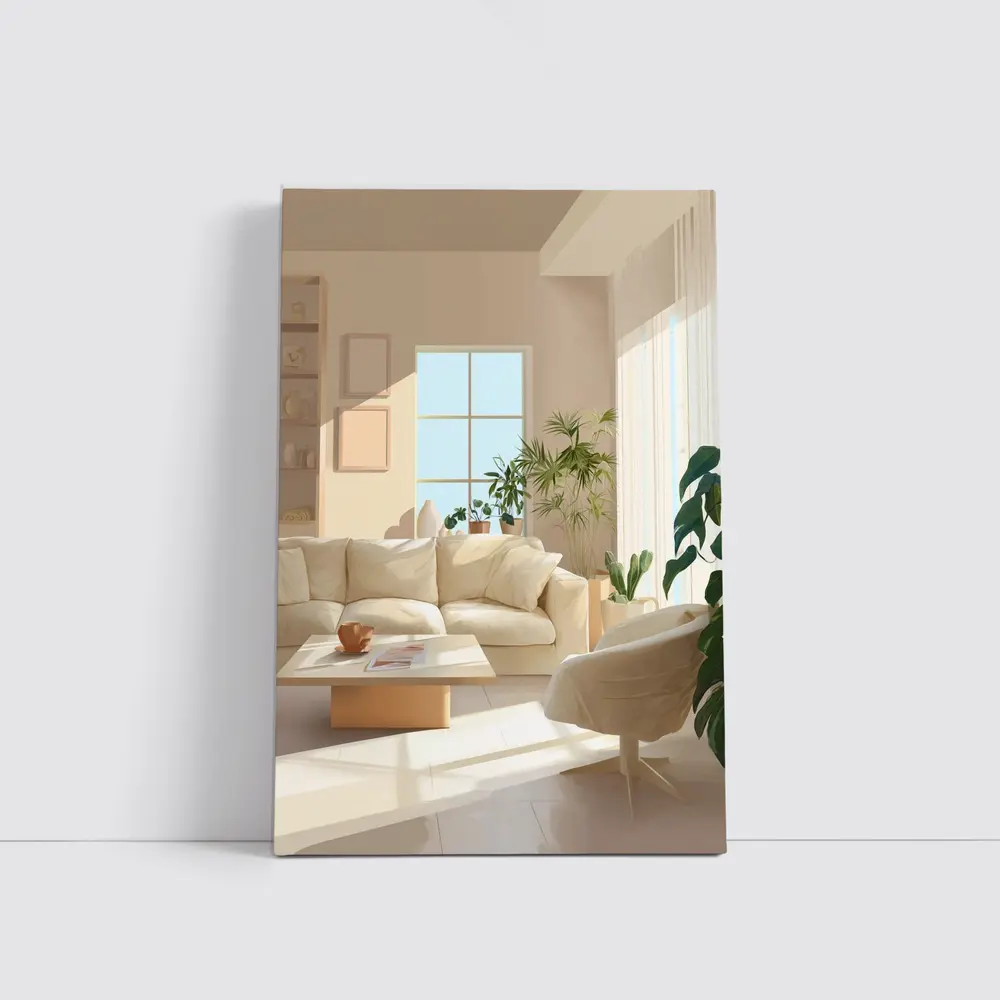 Bright Minimalist Living Room With Indoor Plants – Wall Art