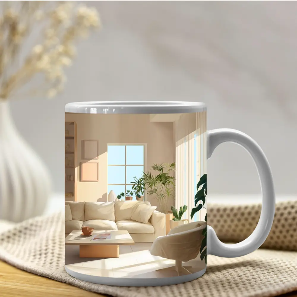 Bright Minimalist Living Room With Indoor Plants – Mugs